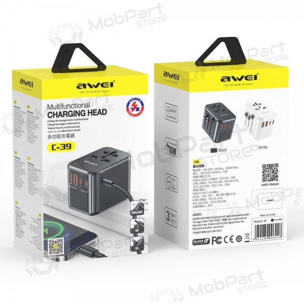 Yleinen kelioninis laturi Awei C-39 GaN 35W 2xUSB-A/3xUSB-C musta