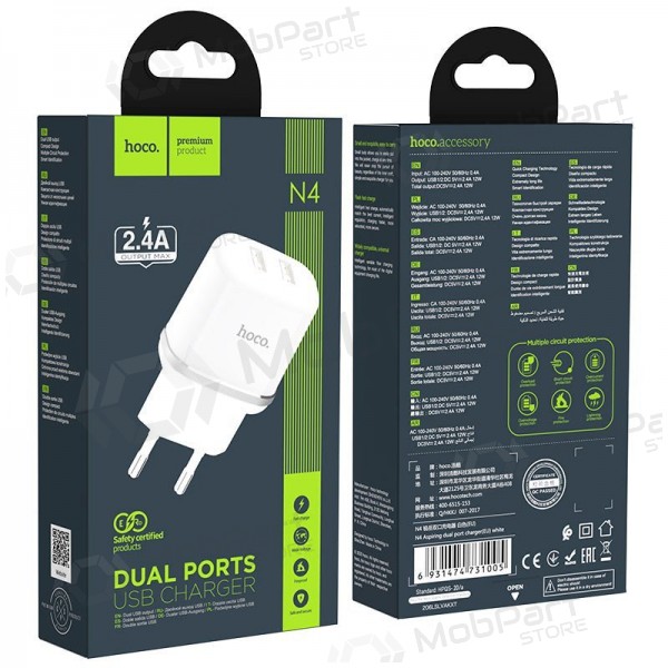 Laturi Hoco N4 2 USB-liitännällä (2.4A) (valkoinen)