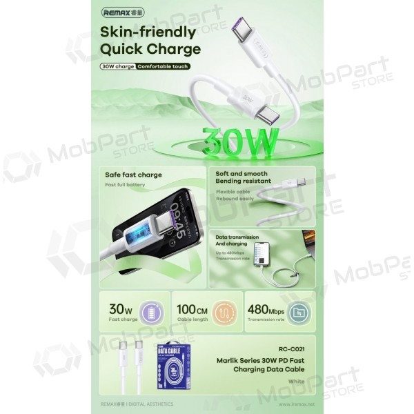 USB kaapeli Remax RC-C021 USB-C to USB-C 30W 1.0m valkoinen
