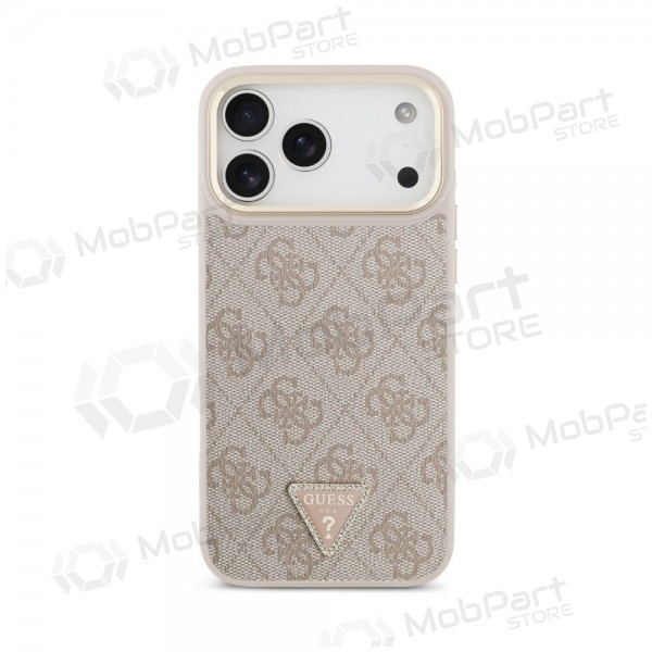 Apple iPhone 18 Pro kotelo - Guess PU Leather 4G Strass Triangle Logo Gold Frame MagSafe (vaaleanpunainen)