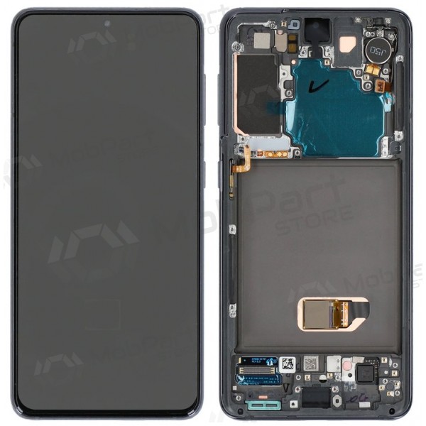 Ekranas Samsung G991 S21kanssa lietimui jautriu stikliuku ja rėmeliu Phantom Black OLED (real size)