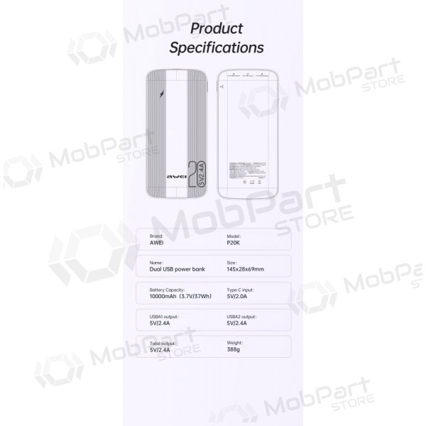 Ulkoinen paristo Power Bank Awei P19K 5V/2.4A 20000mAh musta