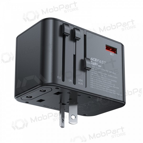 Yleinen kelioninis laturi Acefast Z1 75W GaN 2xUSB-A/3xUSB-C musta