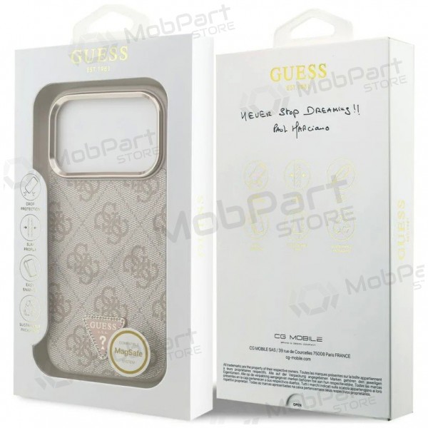 Apple iPhone 17 Pro Max kotelo - Guess PU Leather 4G Strass Triangle Logo Gold Frame MagSafe (vaaleanpunainen)