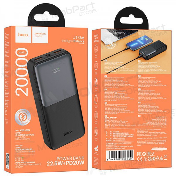 Ulkoinen paristo Power Bank Hoco J136A 22.5W+PD20W 20000mAh musta