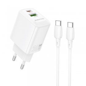 Puhelimen laturi Borofone BN29 30 W USB-C + USB-A USB-C-kaapelilla 1 m valkoinen
