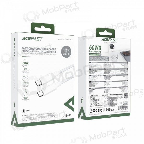 USB kaapeli Acefast C18-03 60W USB-C to USB-C 1.2m valkoinen