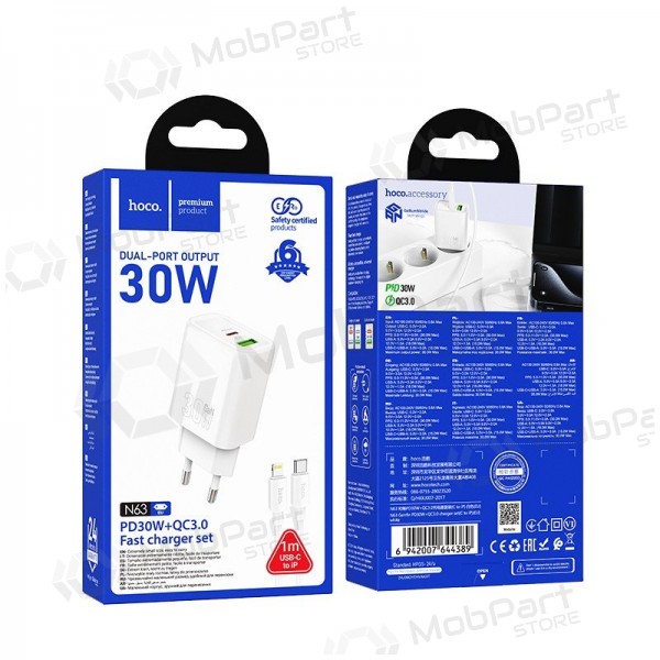 Puhelimen laturi Hoco N63 30 W GaN USB-C + USB-A Lightning-kaapelilla 1 m valkoinen
