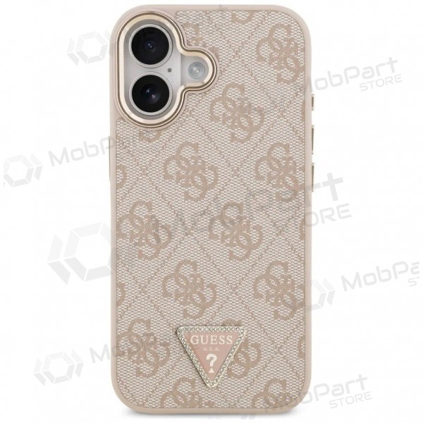 Apple iPhone 17 kotelo - Guess PU Leather 4G Strass Triangle Logo Gold Frame MagSafe (vaaleanpunainen)