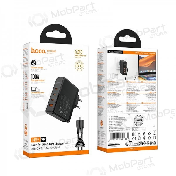 Verkkolaturi Hoco N85 100 W 3x USB-C + USB-A USB-C-kaapelilla 2 m musta