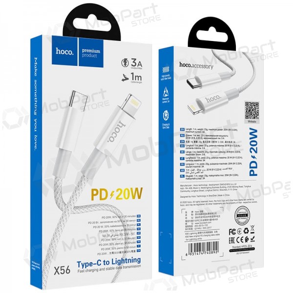 Lightning-kaapeli Hoco X56 USB-C–Lightning 1 m PD valkoinen