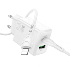 Puhelimen laturi Hoco N71 30 W GaN USB-C + USB-A Lightning-kaapelilla 1 m valkoinen