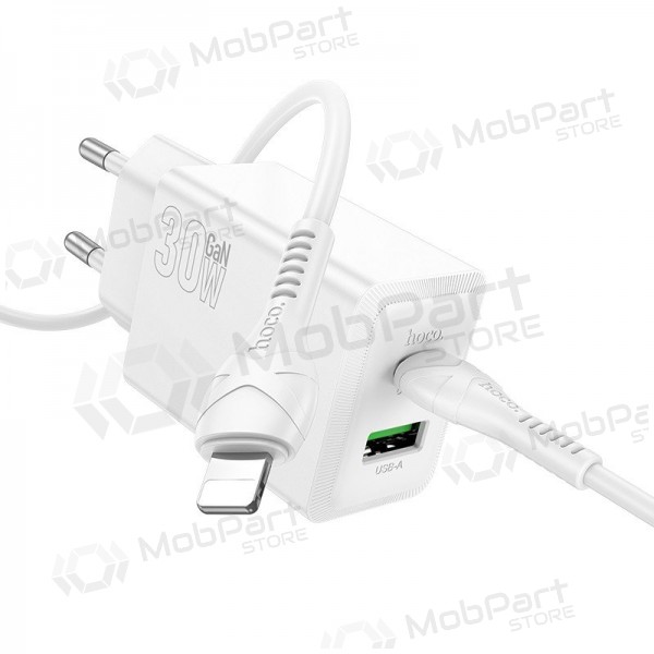Puhelimen laturi Hoco N71 30 W GaN USB-C + USB-A Lightning-kaapelilla 1 m valkoinen