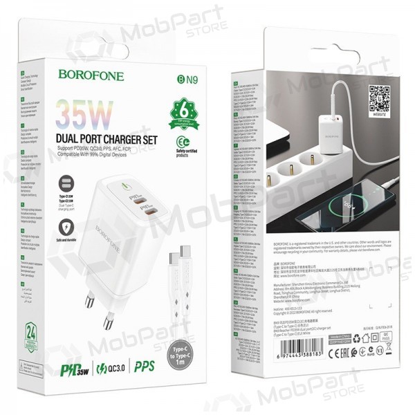 Laturi buitinis Borofone BN9 2xType-C 35W + Type-C valkoinen