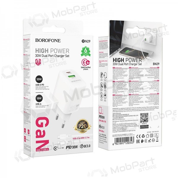 Puhelimen laturi Borofone BN29 30 W USB-C + USB-A USB-C-kaapelilla 1 m valkoinen