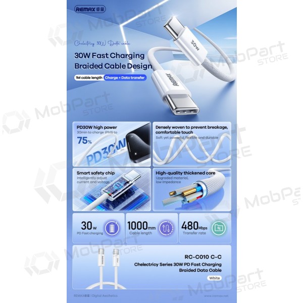 USB kaapeli Remax RC-C010 USB-C to USB-C 30W 1.0m valkoinen