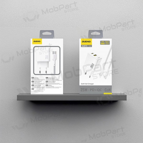 Puhelinlaturi Dudao A26TC 25 W GaN USB-C + USB-A USB-C-kaapelilla 1 m valkoinen