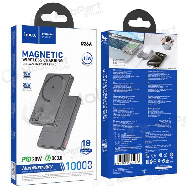 Ulkoinen paristo Power Bank Hoco Q26A PD20W Magnetic 10000mAh musta