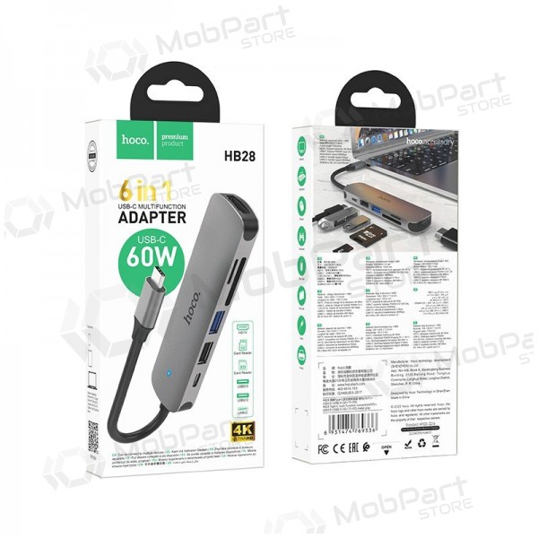 USB-C-sovitin Hoco HB28 USB-C–HDMI + USB 3.0 + USB 2.0 + SD + TF + PD harmaa