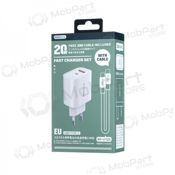 Puhelimen laturi Remax RP-U120 20 W USB-C + USB-A USB-C-kaapelilla 1 m valkoinen