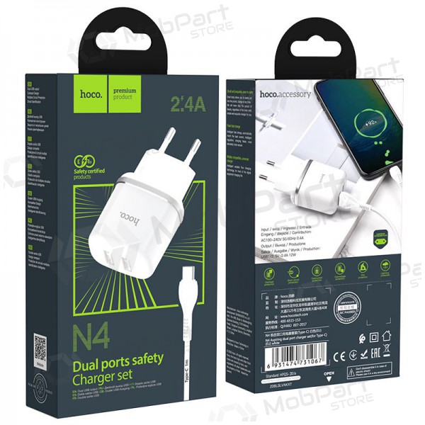 Laturi Hoco N4 X 2 USB  jungtimis + Type-C (2.4A) (valkoinen)