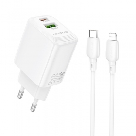 Puhelimen laturi Borofone BN27 20 W USB-C + USB-A Lightning-kaapelilla 1 m valkoinen