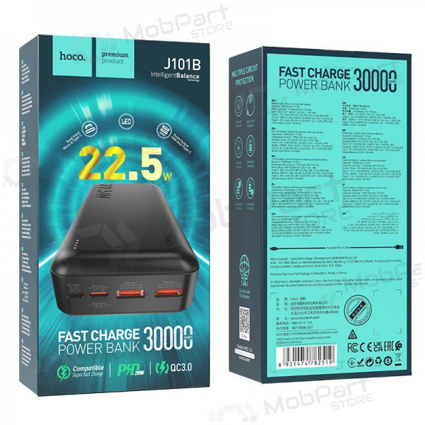 Ulkoinen paristo Power Bank Hoco J101B PD 20W+Quick Charge 3.0 22.5W 30000mAh musta