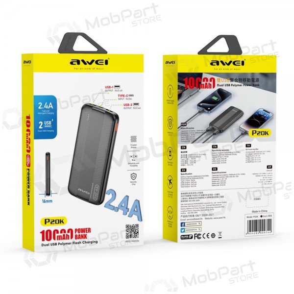 Ulkoinen paristo Power Bank Awei P20K 5V/2.4A 10000mAh musta