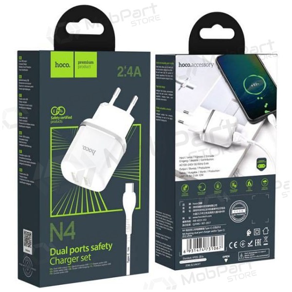Laturi HOCO N4 Aspiring Dual USB + type-C kaapeli (5V 2.4A) (valkoinen)