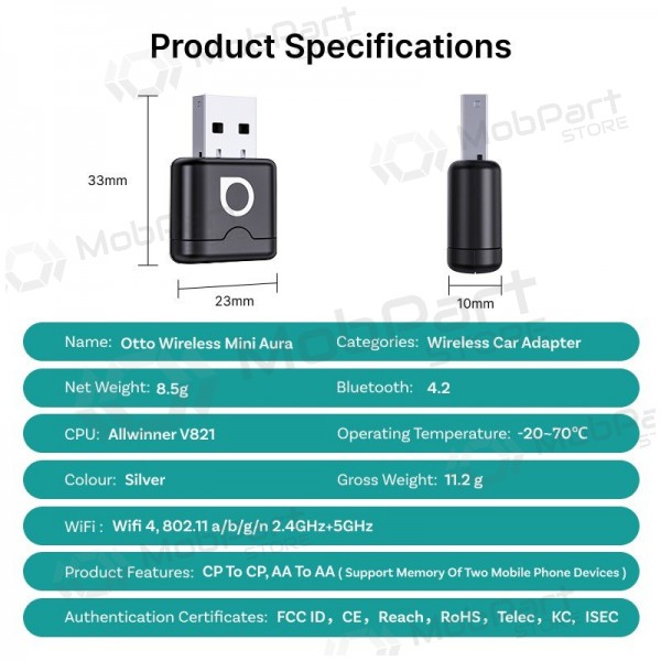 Langaton CarPlay / Android Auto -sovitin Ottocast Mini Aura CA530-T musta