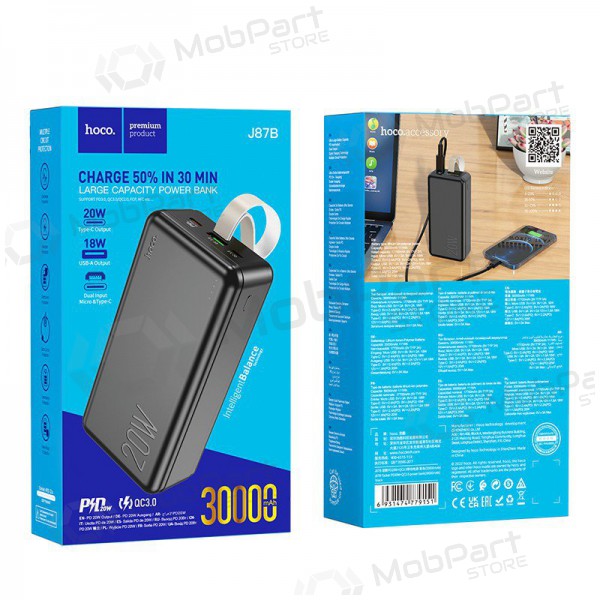 Ulkoinen paristo Power Bank Hoco J87B PD20W+QC3.0 30000mAh musta