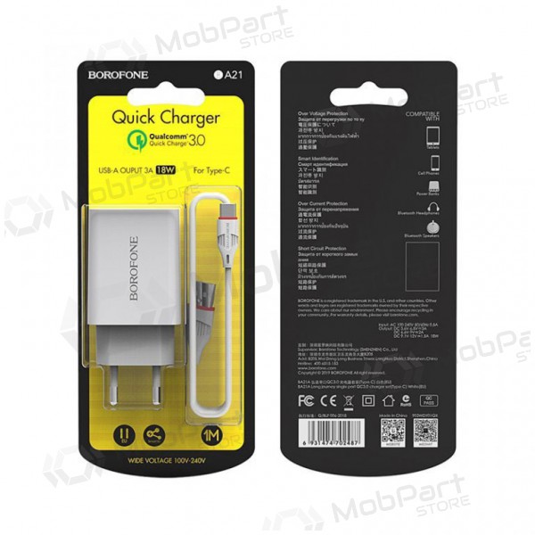 Laturi BOROFONE BA21A Long journey QC3.0 USB + Type-C kaapeli 18W (3.6V-6.5V/3A, 6.6V-9V/2A, 9.1V-12V/1.5A) (valkoinen)