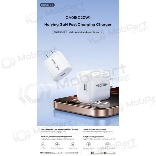 Puhelimen laturi Remax CA08 20 W USB-C valkoinen