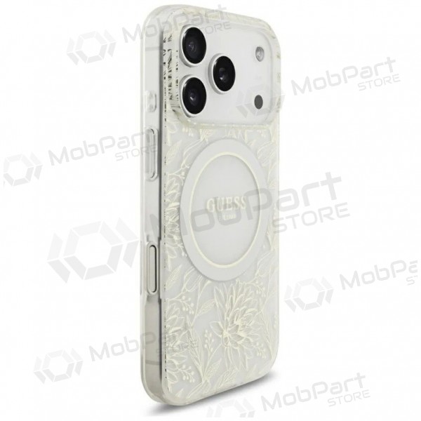 Apple iPhone 18 Pro kotelo - Guess IML Flowers Allover Strap MagSafe (valkoinen)