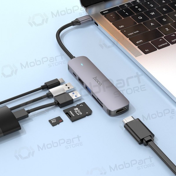 USB-C-sovitin Hoco HB28 USB-C–HDMI + USB 3.0 + USB 2.0 + SD + TF + PD harmaa