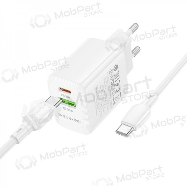 Puhelimen laturi Borofone BN29 30 W USB-C + USB-A USB-C-kaapelilla 1 m valkoinen