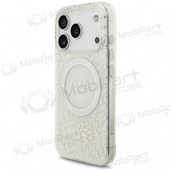 Apple iPhone 18 Pro kotelo - Guess IML Flowers Allover Strap MagSafe (valkoinen)
