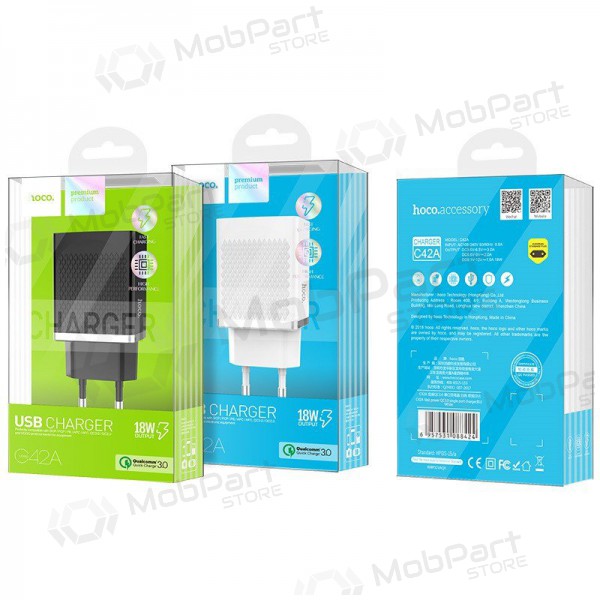 Laturi HOCO C42A Vast power QC3.0 USB 18W (3.6V-6.5V/3A, 6.6V-9V/2A, 9.1V-12V/1.5A) (valkoinen)