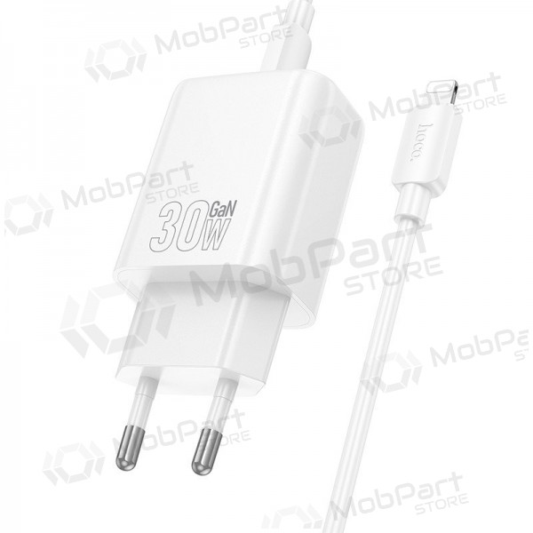 Puhelimen laturi Hoco N63 30 W GaN USB-C + USB-A Lightning-kaapelilla 1 m valkoinen