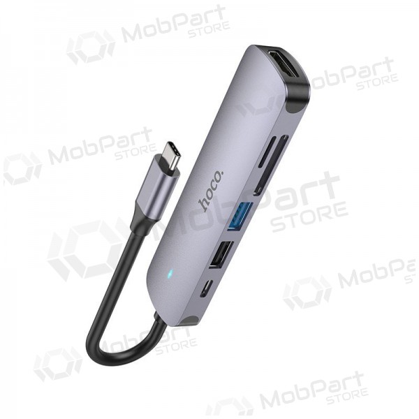 USB-C-sovitin Hoco HB28 USB-C–HDMI + USB 3.0 + USB 2.0 + SD + TF + PD harmaa