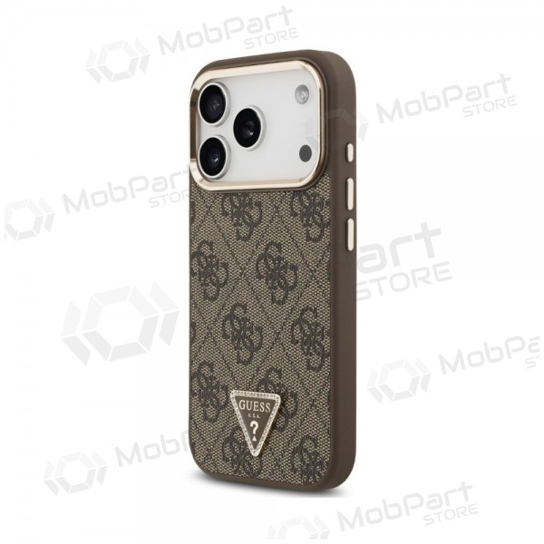 Apple iPhone 18 Pro kotelo - Guess PU Leather 4G Strass Triangle Logo Gold Frame MagSafe (ruskea)