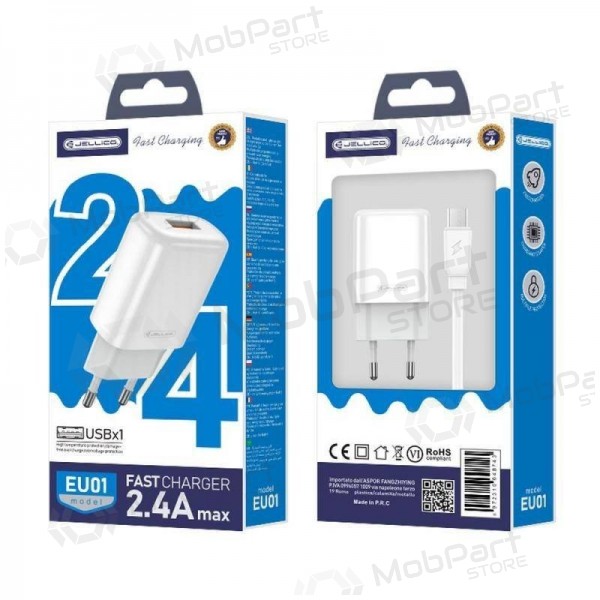 Laturi buitinis Jellico EU01 2.4A USB + MicroUSB valkoinen