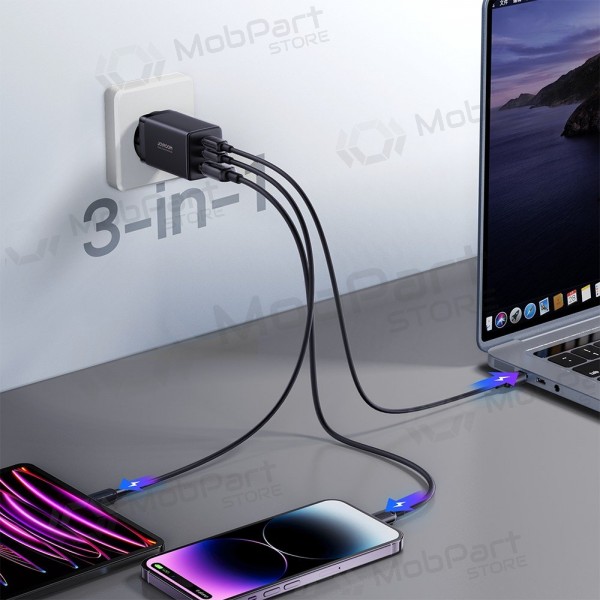 Laturi buitinis Joyroom GaN JR-TCG01 2xUSB-C/USB-A 65W + USB-C cable 1.2m musta