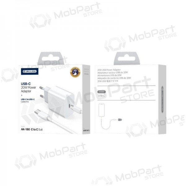 Laturi Jellico AK180 20W USB-C + USB-C to USB-C cable 1.0m valkoinen