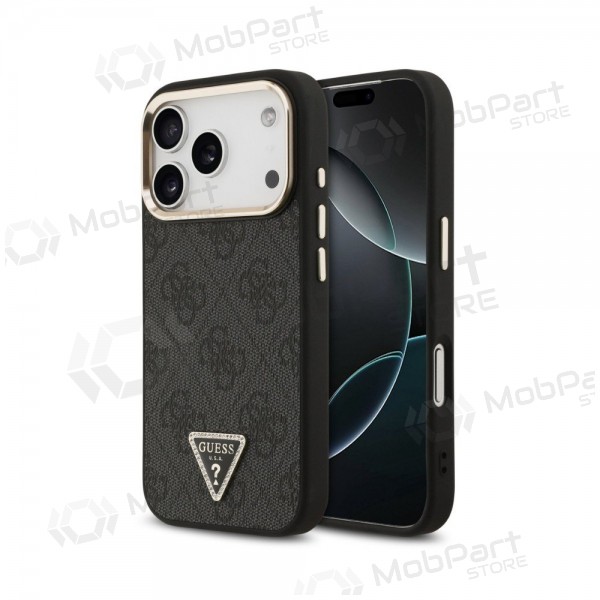 Apple iPhone 18 Pro kotelo - Guess PU Leather 4G Strass Triangle Logo Gold Frame MagSafe (musta)