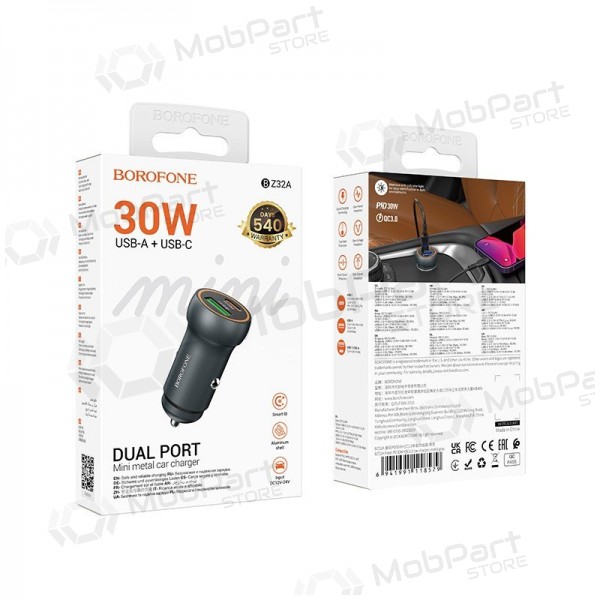 Autolaturi Borofone BZ32A USB-C/USB-A 30W harmaa