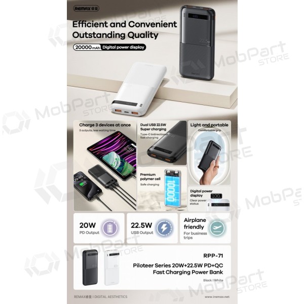 Ulkoinen paristo Power Bank Remax RPP-71 22.5W 10000mAh musta