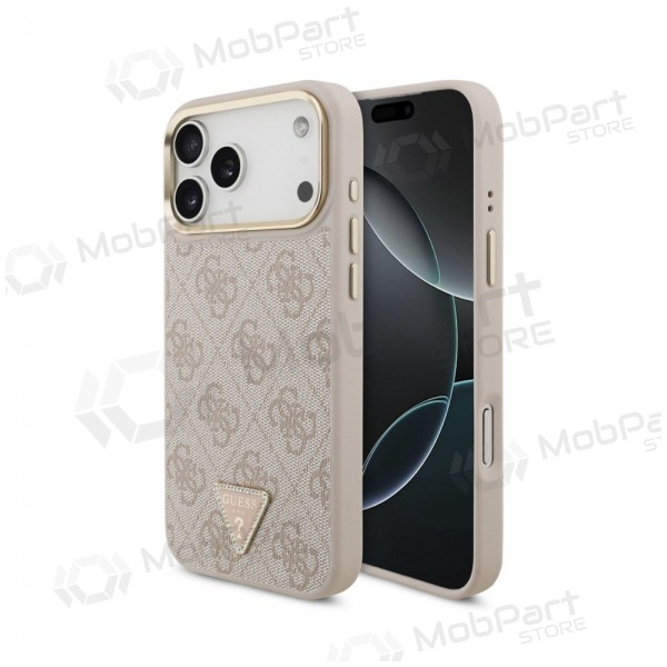 Apple iPhone 18 Pro kotelo - Guess PU Leather 4G Strass Triangle Logo Gold Frame MagSafe (vaaleanpunainen)