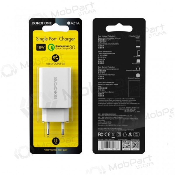 Laturi BOROFONE BA21A Long journey QC3.0 USB 18W (3.6V-6.5V/3A, 6.6V-9V/2A, 9.1V-12V/1.5A) (valkoinen)