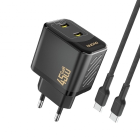 Puhelimen laturi Dudao A28PC 45 W GaN 2x USB-C ja USB-C-kaapeli 1 m musta